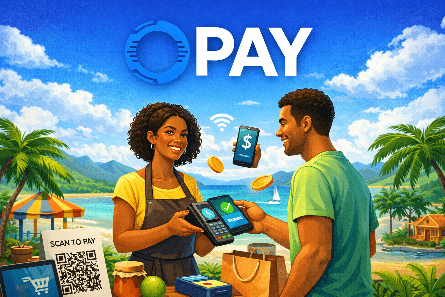 Digital illustration of a Caribbean small business owner accepting a contactless mobile payment using O-Pay, a digital payment gateway built for the Caribbean, showing ecommerce transactions, cashless payments, and modern fintech solutions helping local businesses simplify online and in-person payments.