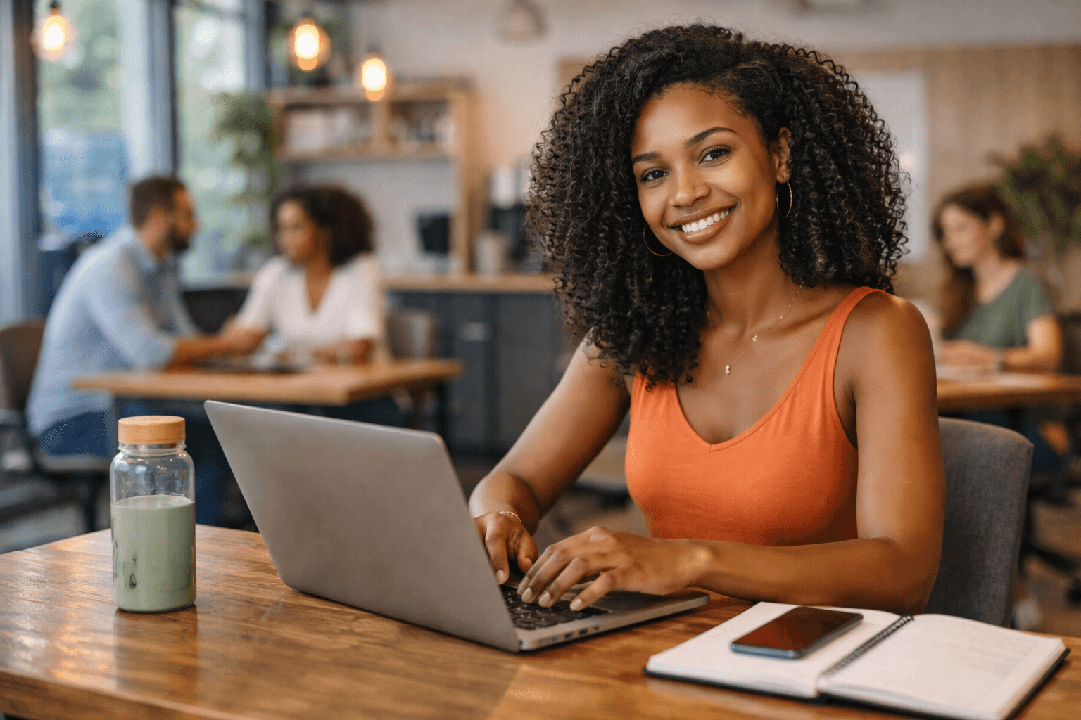 A smiling Saint Lucian woman working on a laptop in a modern co-working space at Orbtronics Innovation Hub, surrounded by natural light, comfortable desks, and other professionals in the background.