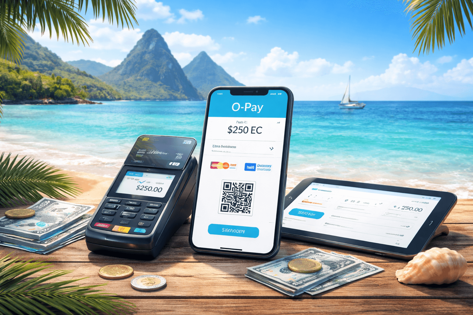 Smartphone displaying O-Pay payment screen with EC$250 transaction beside a card reader and tablet on a wooden table, set against a tropical Saint Lucia beach with the Pitons in the background.
