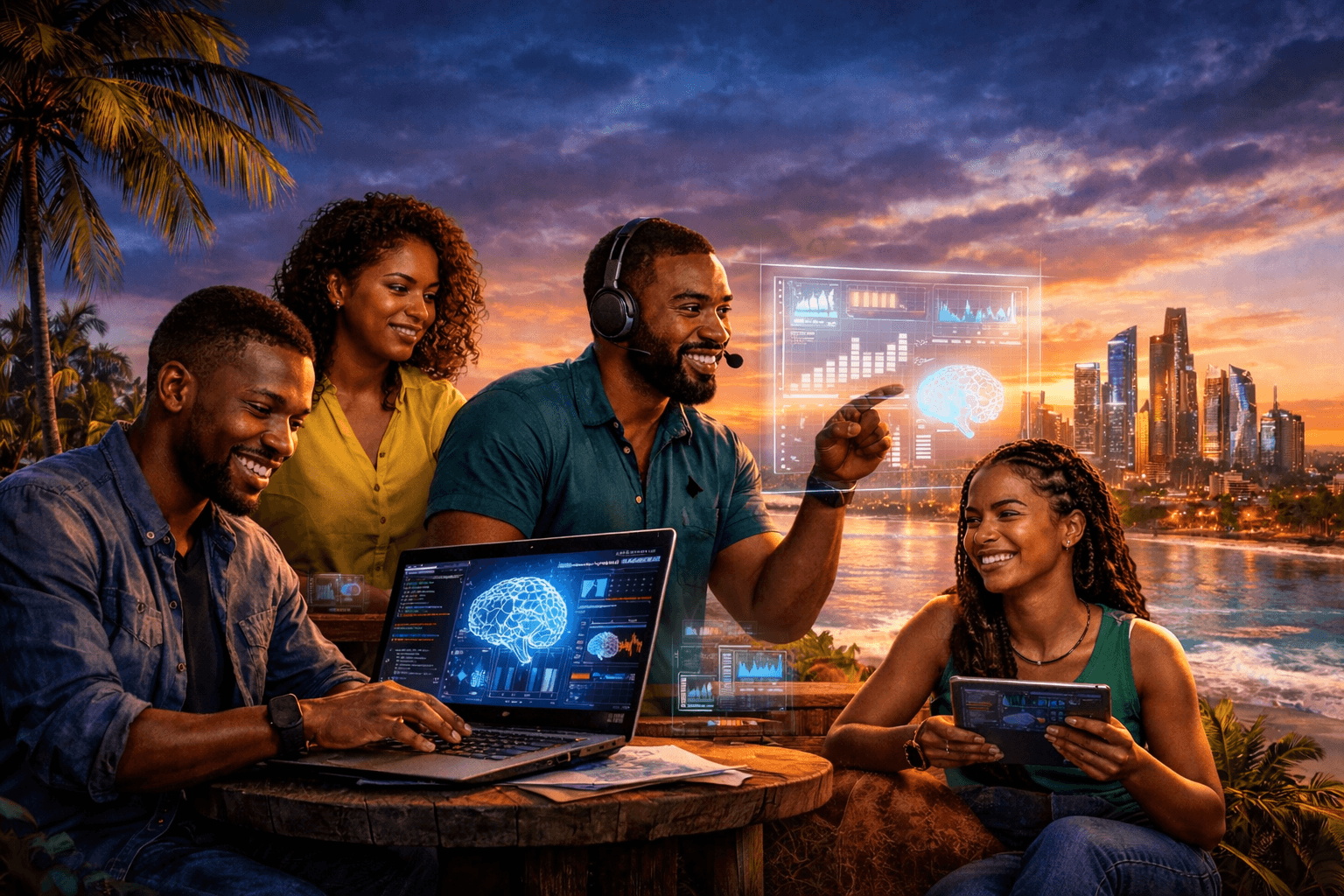 Caribbean software development team collaborating outdoors with laptops and digital devices near a tropical beach, illustrating custom software development, AI innovation, and modern web and app development services by Orbtronics.