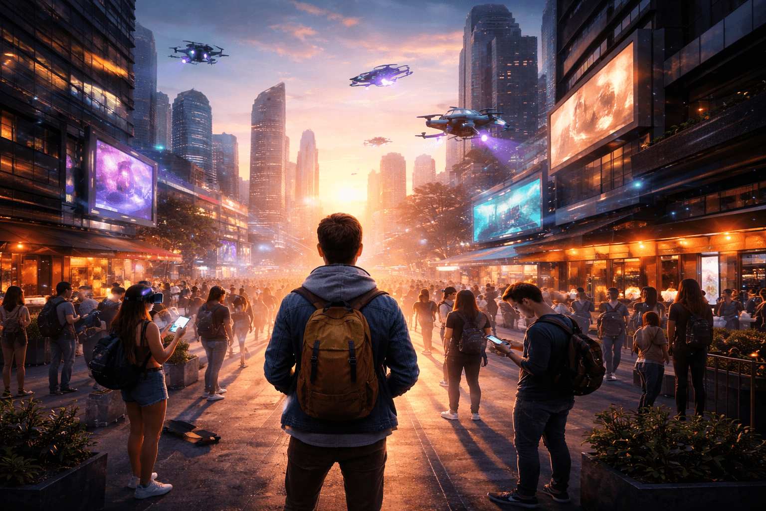 A young innovator stands in a futuristic city in 2026, surrounded by digital technology, smart devices, and advanced urban infrastructure, symbolizing the future of innovation and youth empowerment.