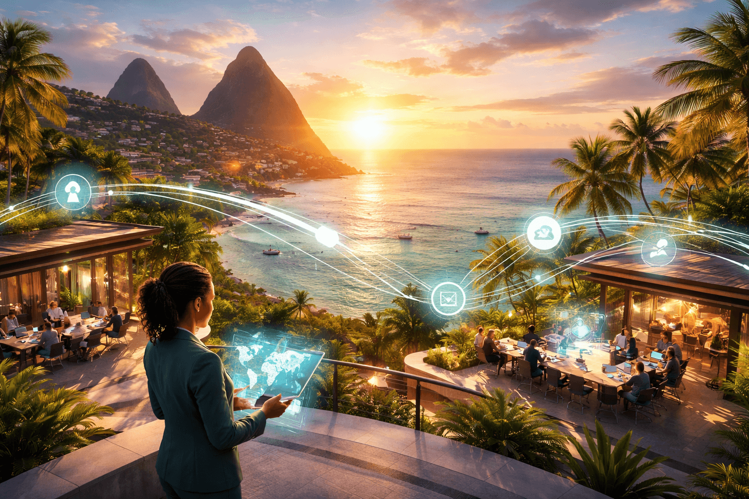Caribbean businesswoman using a digital tablet overlooking a coastal city at sunset, with futuristic AI and digital connection graphics above modern coworking spaces.