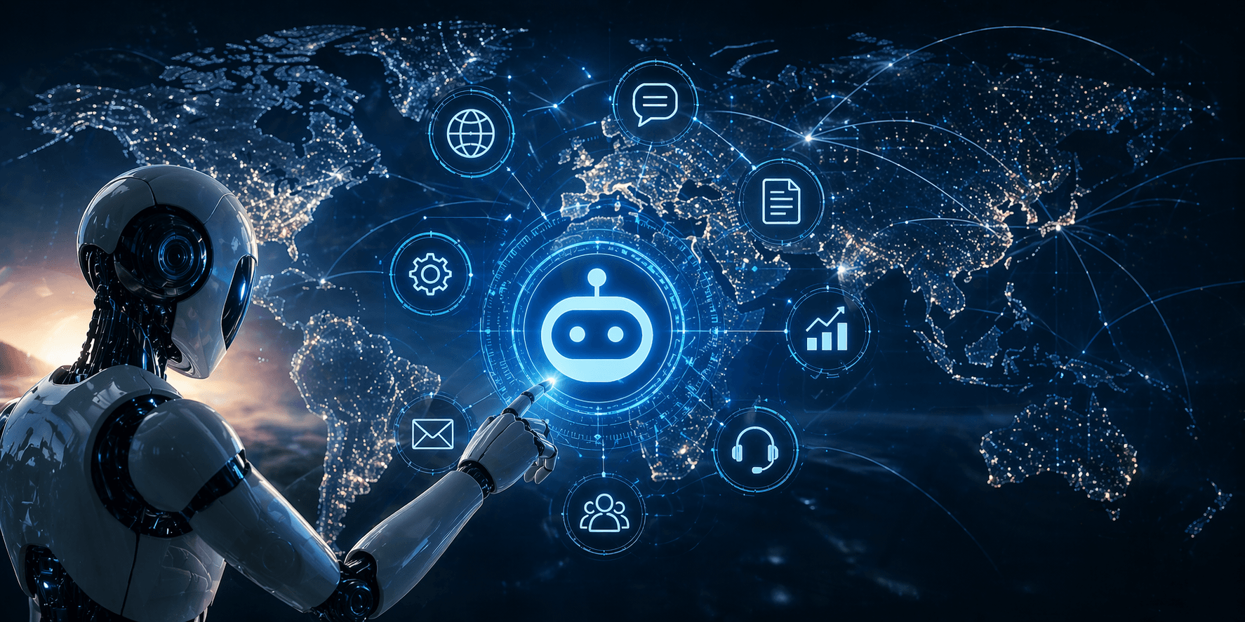 Futuristic humanoid robot interacting with a glowing AI interface in front of a connected world map, representing global automation and AI agents.